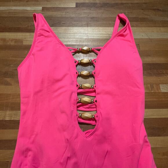 Bleu rod beattie Kore Low Neck Lace Down 1 peice swimsuit, Pink 4 - Picture 3 of 9